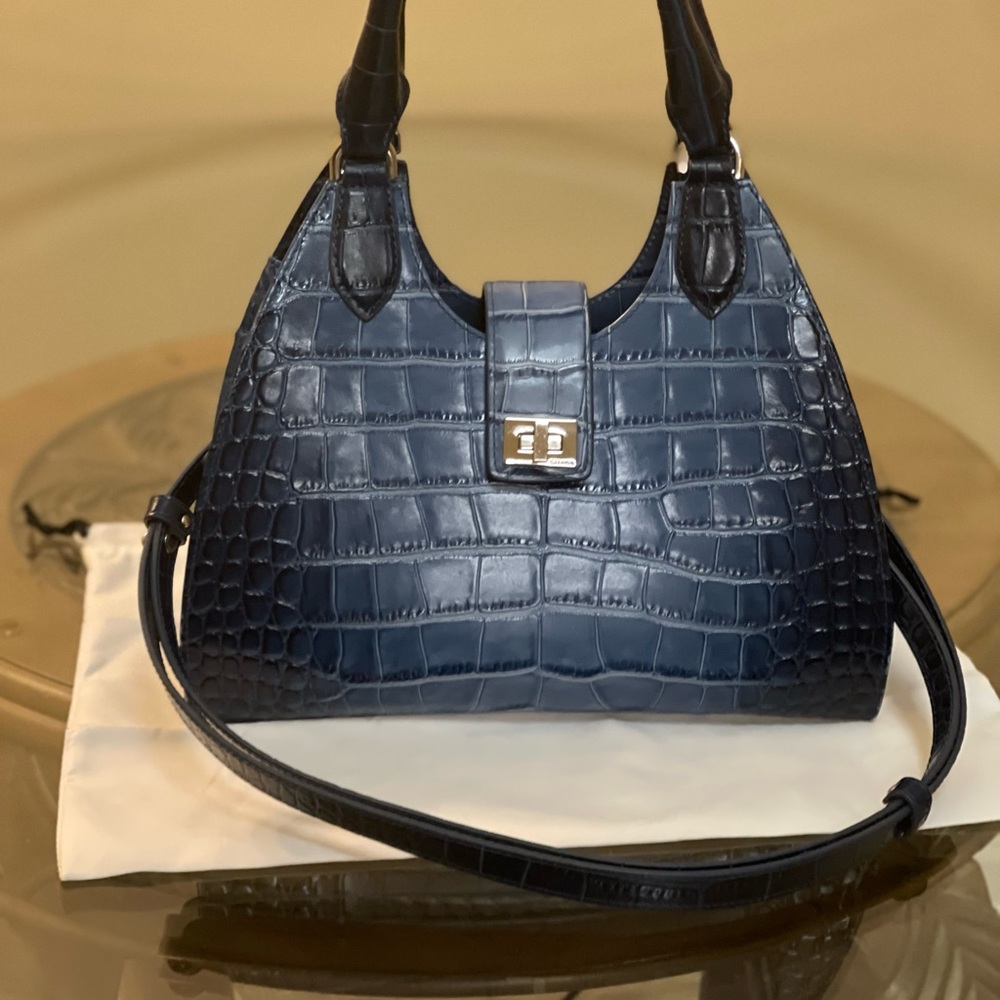 Brahmin Adrian Navy Croc-Embossed Leather Satchel - Picture 2 of 11